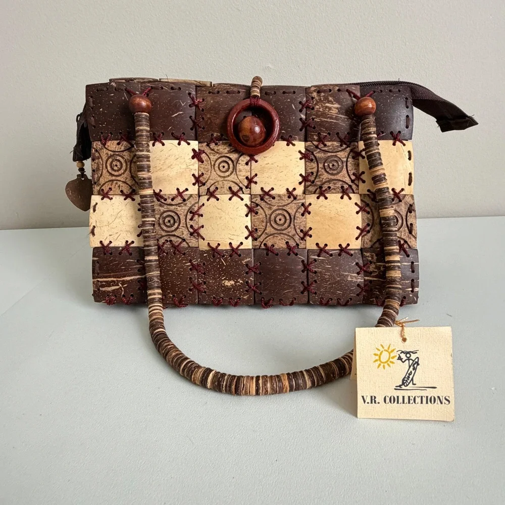 VR Collections Handmade Coconut Shell Bag Boho Checkered Beaded Handle Brown Tan